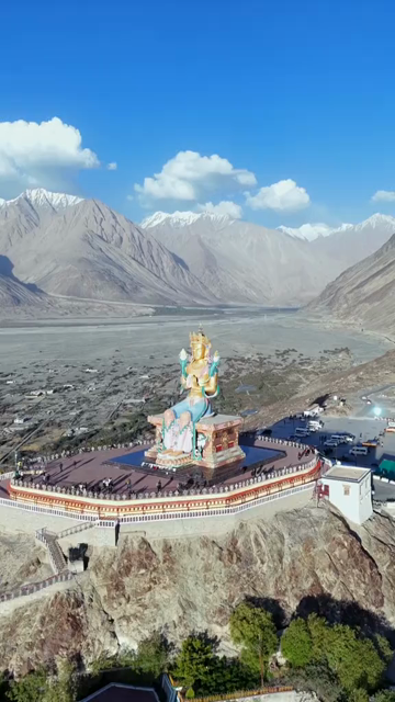 Vertical Aerial View of Maitreya Buddha Statue at Diskit Monastery, Ladakh