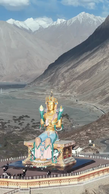 Vertical Aerial View of Maitreya Buddha Statue at Diskit Monastery, Ladakh