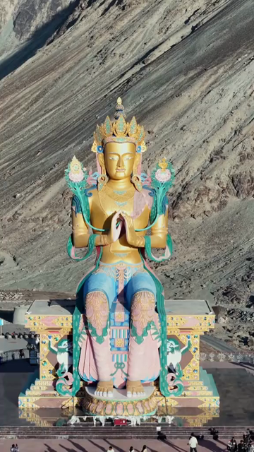 Vertical Aerial View of Maitreya Buddha Statue at Diskit Monastery, Ladakh
