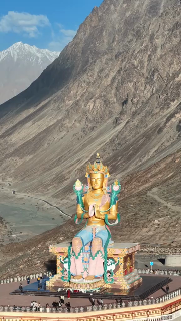 Vertical Aerial View of Maitreya Buddha Statue at Diskit Monastery, Ladakh