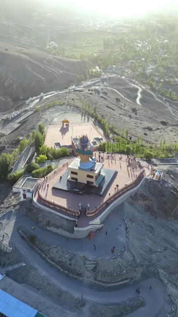 Vertical Aerial View of Maitreya Buddha Statue at Diskit Monastery, Ladakh