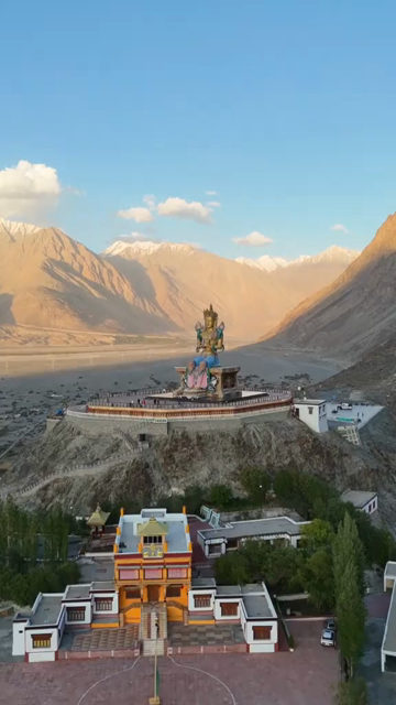 Vertical Aerial View of Maitreya Buddha Statue at Diskit Monastery, Ladakh