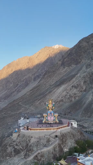 Vertical Aerial View of Maitreya Buddha Statue at Diskit Monastery, Ladakh
