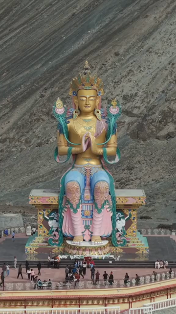 Vertical Aerial View of Maitreya Buddha Statue at Diskit Monastery, Ladakh