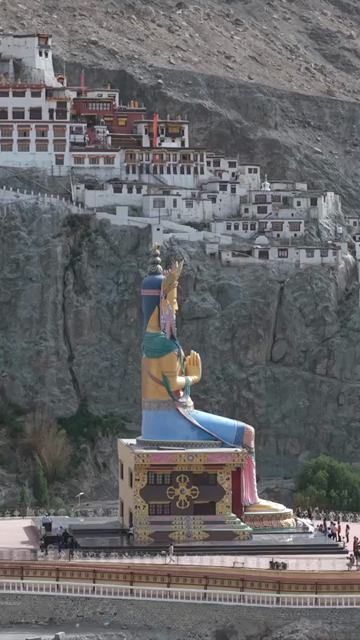 Vertical Aerial View of Maitreya Buddha Statue at Diskit Monastery, Ladakh