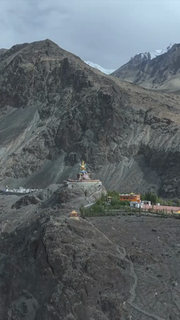 Vertical Aerial View of Maitreya Buddha Statue at Diskit Monastery, Ladakh