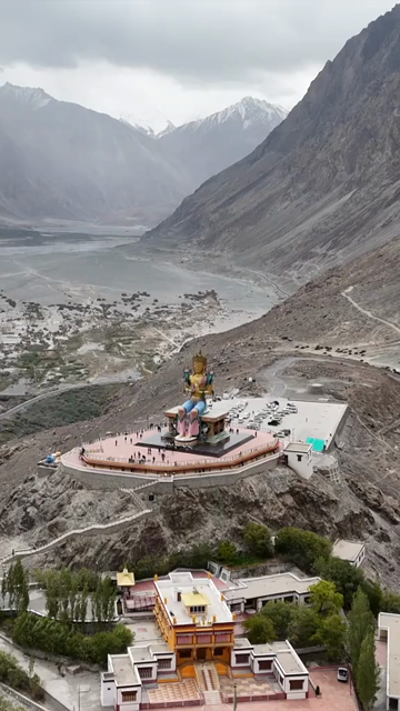 Vertical Aerial View of Maitreya Buddha Statue Overlooking Nubra Valley in Ladakh India