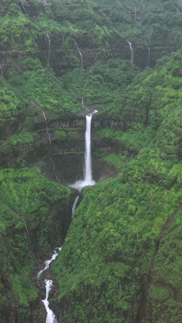 Vertical Aerial View of Marleshwar Dhareshwar Waterfall Ratnagiri Maharashtra India