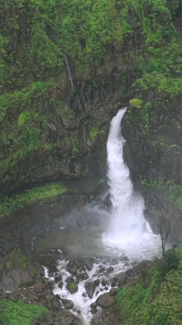 Vertical Aerial View of Marleshwar Dhareshwar Waterfall Ratnagiri Maharashtra India