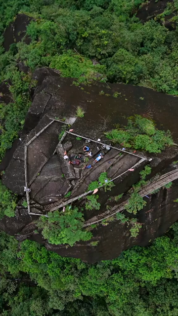 Vertical Aerial View of Mawryngkhang Bamboo Trek and Mountain Cliffs Meghalaya India