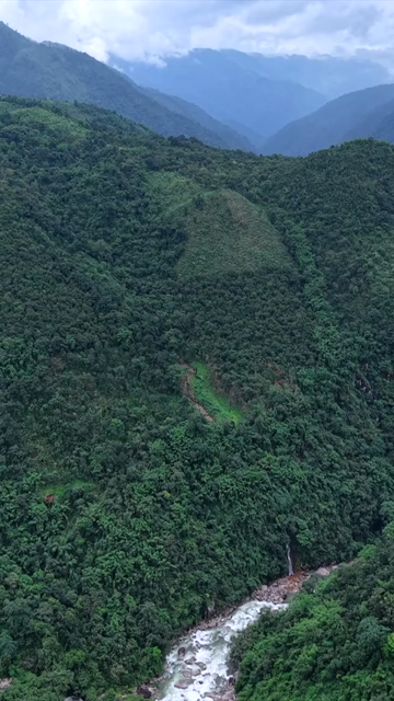 Vertical Aerial View of Mawryngkhang Bamboo Trek and Mountain Cliffs Meghalaya India