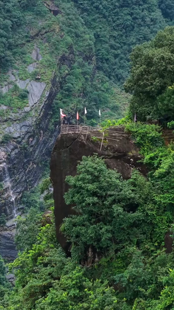 Vertical Aerial View of Mawryngkhang Bamboo Trek and Mountain Cliffs Meghalaya India