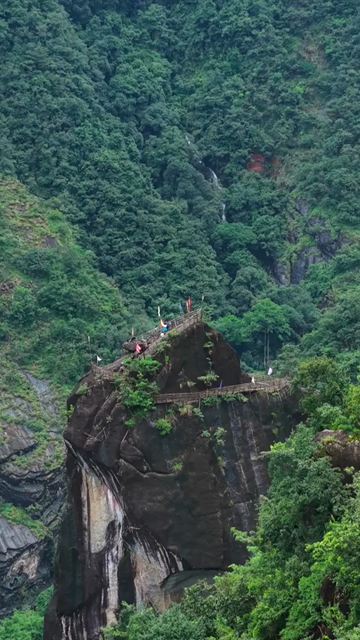 Vertical Aerial View of Mawryngkhang Bamboo Trek and Mountain Cliffs Meghalaya India