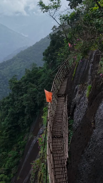Vertical Aerial View of Mawryngkhang Bamboo Trek and Mountain Cliffs Meghalaya India