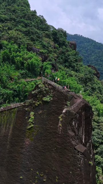 Vertical Aerial View of Mawryngkhang Bamboo Trek and Mountain Cliffs Meghalaya India