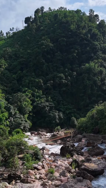 Vertical Aerial View of Mawryngkhang Bamboo Trek and Mountain Cliffs Meghalaya India