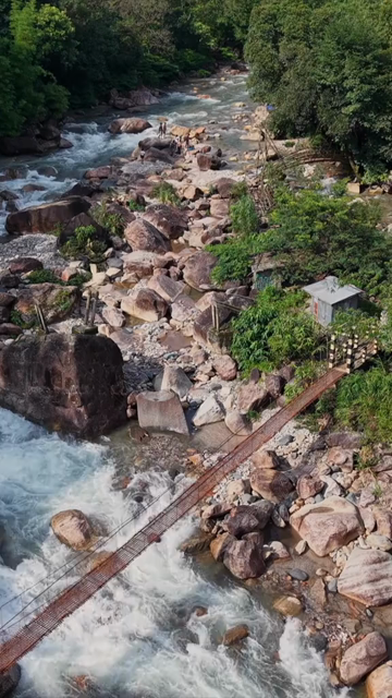 Vertical Aerial View of Mawryngkhang Bamboo Trek and Mountain Cliffs Meghalaya India