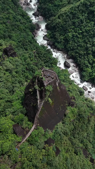 Vertical Aerial View of Mawryngkhang Bamboo Trek and Mountain Cliffs Meghalaya India