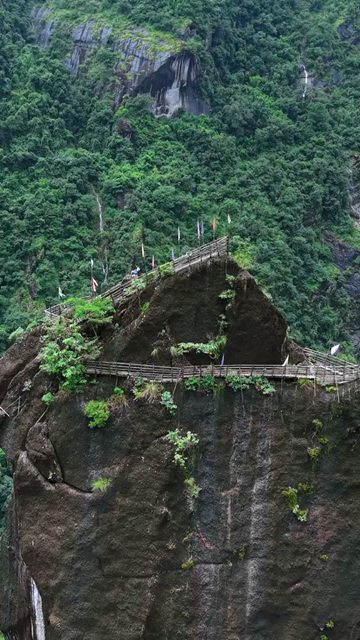Vertical Aerial View of Mawryngkhang Bamboo Trek and Mountain Cliffs Meghalaya India