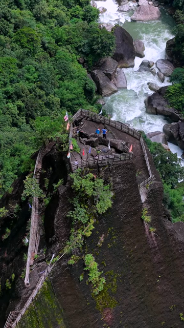 Vertical Aerial View of Mawryngkhang Bamboo Trek and Mountain Cliffs Meghalaya India