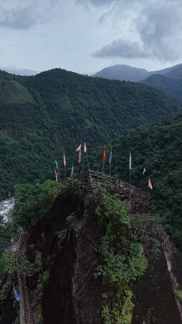Vertical Aerial View of Mawryngkhang Bamboo Trek and Mountain Cliffs Meghalaya India