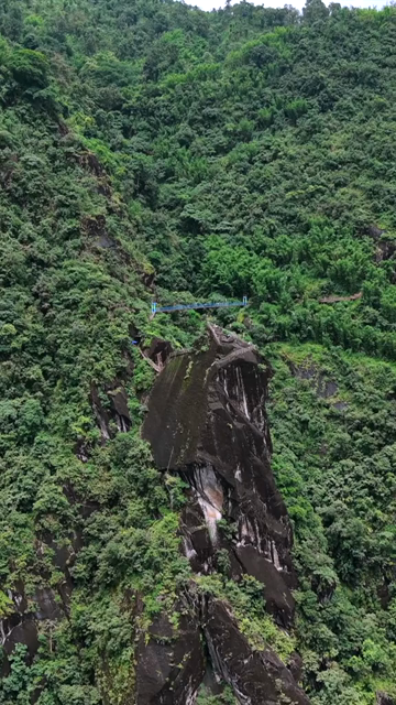 Vertical Aerial View of Mawryngkhang Bamboo Trek and Mountain Cliffs Meghalaya India