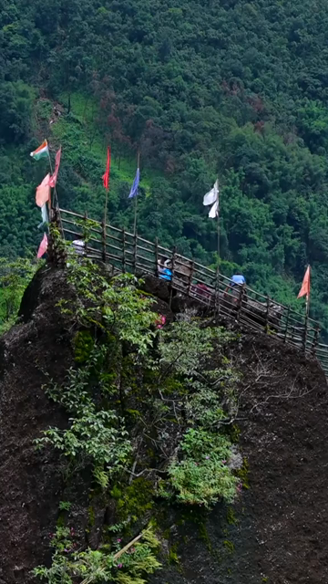 Vertical Aerial View of Mawryngkhang Bamboo Trek and Mountain Cliffs Meghalaya India