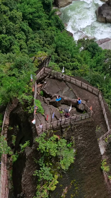 Vertical Aerial View of Mawryngkhang Bamboo Trek and Mountain Cliffs Meghalaya India