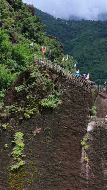 Vertical Aerial View of Mawryngkhang Bamboo Trek and Mountain Cliffs Meghalaya India