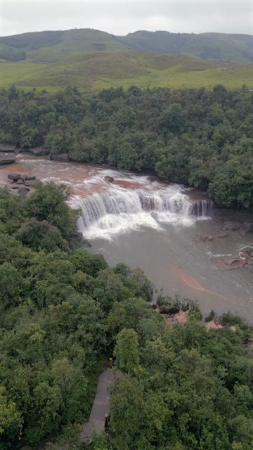 Vertical Aerial View of Mawsawa Waterfall in Sohra, Meghalaya, India