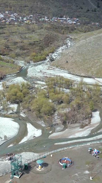 Vertical Aerial View of Scenic Meadow and River in Pahalgam Kashmir