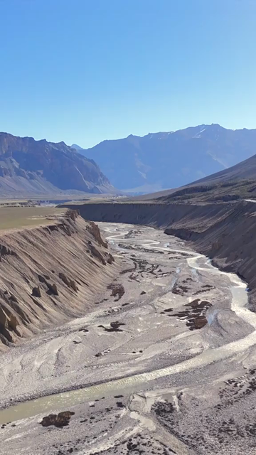 Vertical Aerial View of Meandering River Valley in the Landscapes of Ladakh India