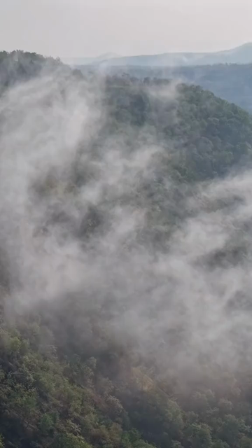 Vertical Aerial View of Misty Hills and Forested Valleys Near Jam Gate Mhow Madhya Pradesh