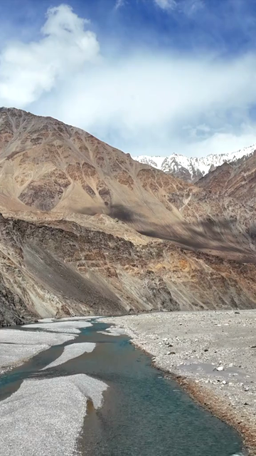 Vertical Aerial View of Mountain River and Rugged Himalayan Landscape in Ladakh India