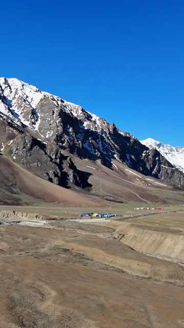 Vertical Aerial View of Mountain Road and Campsite in the Landscapes of Ladakh India