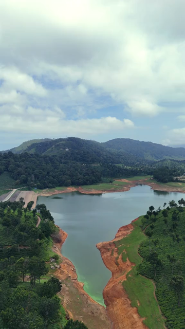 Vertical Aerial View of Scenic Mountain Landscape and Lake in Kerala India