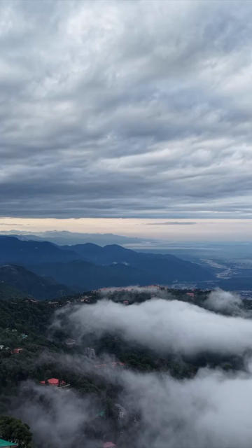 Vertical Aerial View of Mussoorie Amid Monsoon Clouds, Uttarakhand, India