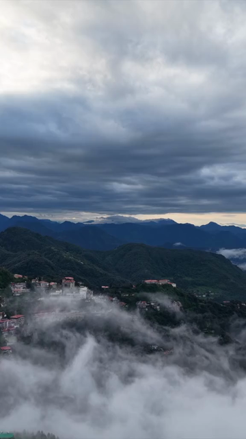 Vertical Aerial View of Mussoorie Amid Monsoon Clouds, Uttarakhand, India