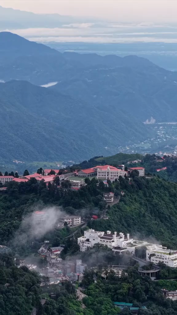 Vertical Aerial View of Mussoorie Amid Monsoon Clouds, Uttarakhand, India