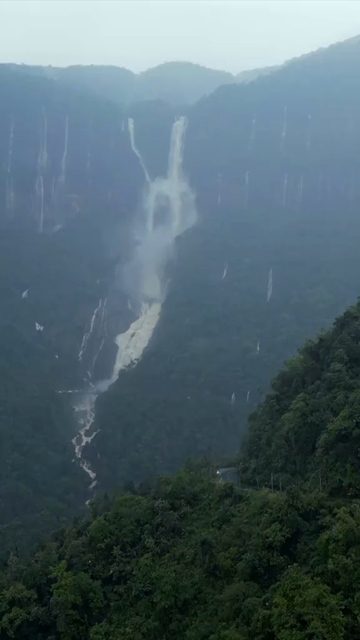 Vertical Aerial View of Nohkalikai Falls, Sohra, Meghalaya, India