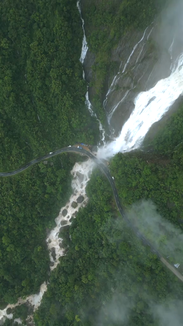 Vertical Aerial View of Nohkalikai Falls in Sohra, Meghalaya, India