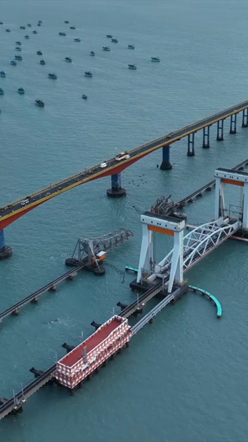Vertical Aerial View of Pamban Bridge Rameswaram Tamil Nadu India