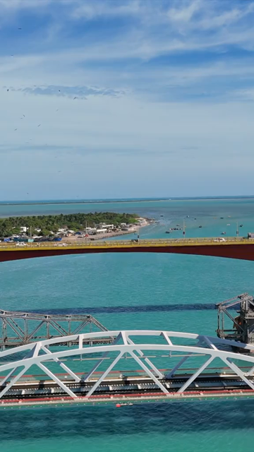 Vertical Aerial View of Pamban Bridge Rameswaram Tamil Nadu India