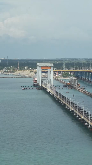 Vertical Aerial View of Pamban Bridge Rameswaram Tamil Nadu India