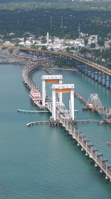 Vertical Aerial View of Pamban Bridge Rameswaram Tamil Nadu India