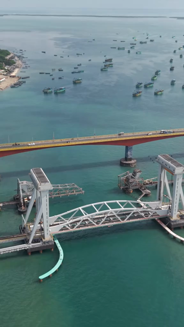 Vertical Aerial View of Pamban Bridge Rameswaram Tamil Nadu India