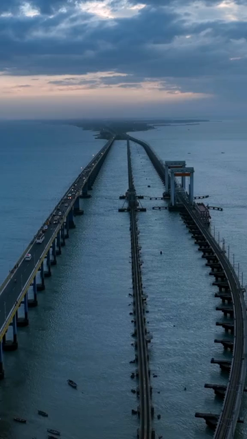 Vertical Aerial View of Pamban Bridge Rameswaram Tamil Nadu India