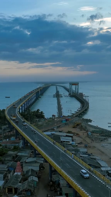 Vertical Aerial View of Pamban Bridge Rameswaram Tamil Nadu India