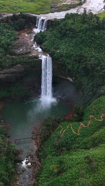 Vertical Aerial View of Phe Phe Falls and Lush Jaintia Hills Meghalaya