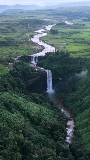 Vertical Aerial View of Phe Phe Falls and Lush Jaintia Hills Meghalaya